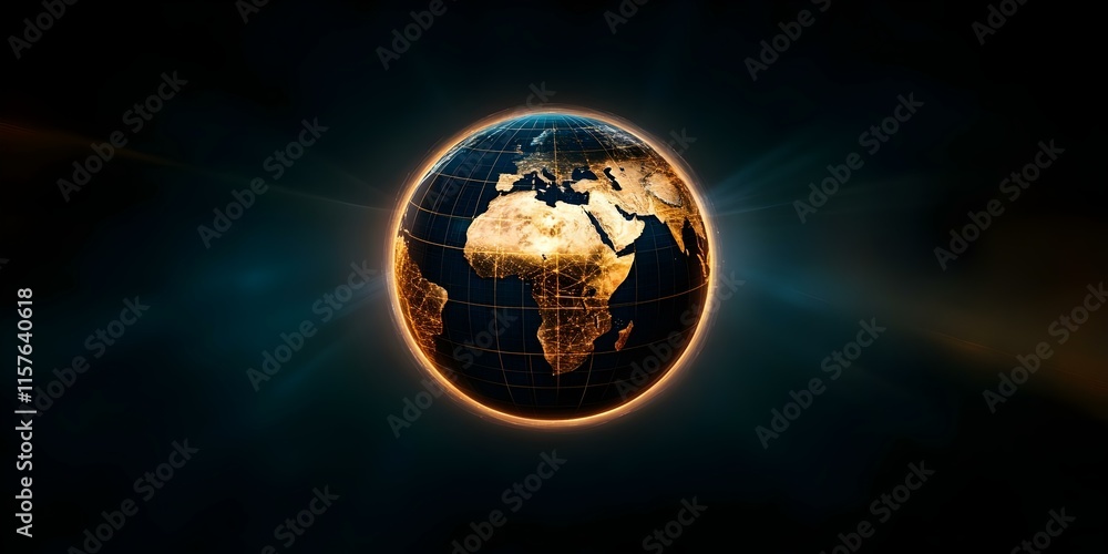 Poster a digitally rendered earth illuminated with grid lines and glowing edges, showcasing continents and 