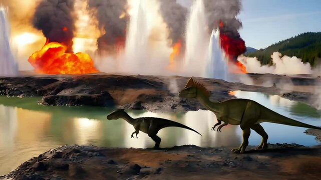 A volcanic region with erupting geysers and steaming pools. A family of Corythosaurus cautiously navigates the rugged terrain, their reflections shimmering in the steaming water. Generative AI