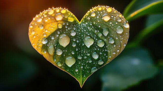 Close-up view of a heart-shaped Pothos leaf with dew glistening in sunlight