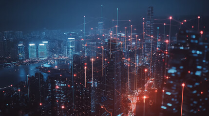 Obraz premium Smart digital Innovation city with connection network reciprocity over the cityscape. of future smart wireless digital city and social media networking systems that connects people with in city
