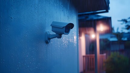 Nighttime Security Mounted on Modern House During Light Drizzle Rainy Atmosphere