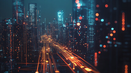 Naklejka premium Smart digital Innovation city with connection network reciprocity over the cityscape. of future smart wireless digital city and social media networking systems that connects people with in city