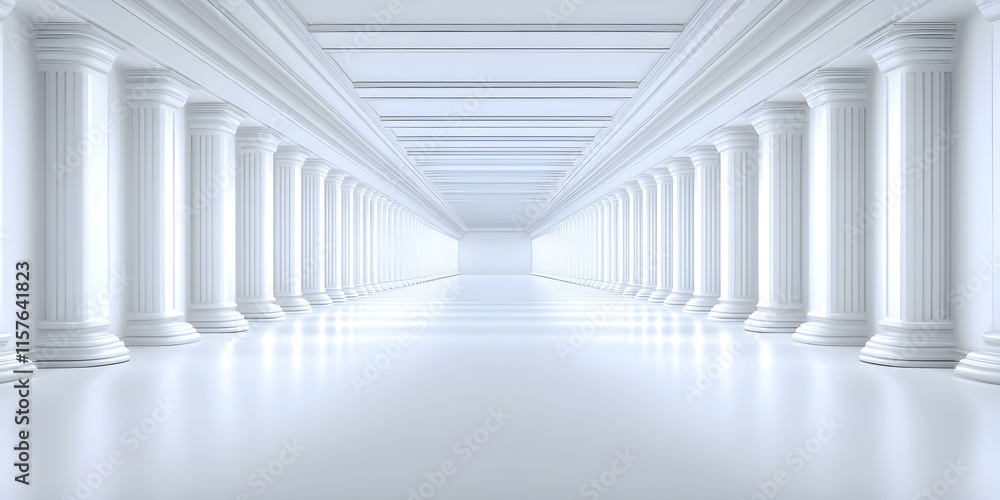 Poster a long corridor with white columns and bright lighting, creating a sense of depth and minimalism. co