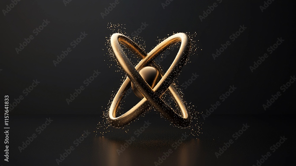 Poster abstract gold atom model with particle effects on dark background.