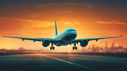 Naklejka premium Airplane Landing on Runway at Sunset