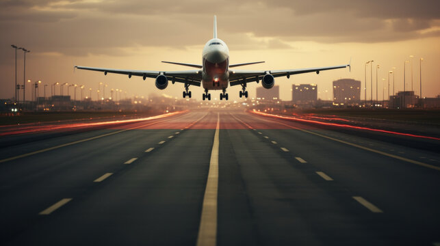 Airplane Landing on Runway at Sunset