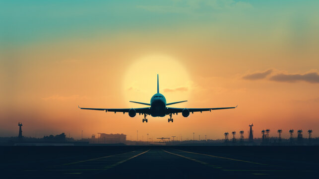 Airplane Landing on Runway at Sunset