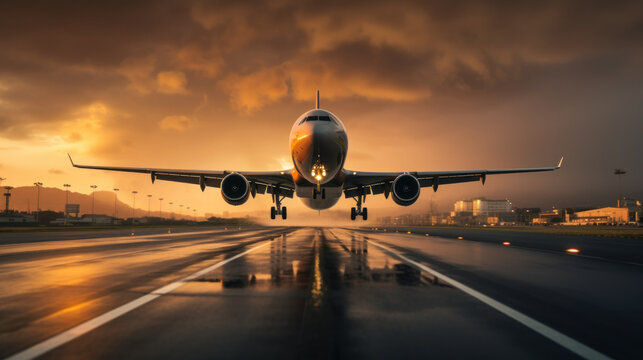 Airplane Landing on Runway at Sunset