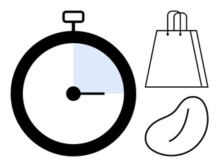 Stopwatch with a quarter shaded, simple shopping bag, and bean outline. Ideal for themes thumbs up time management, shopping, minimalism, productivity, commerce agriculture and healthy living. Line