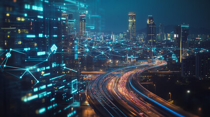 Obraz premium Smart digital Innovation city with connection network reciprocity over the cityscape. of future smart wireless digital city and social media networking systems that connects people with in city