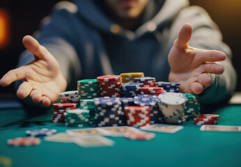 Naklejka premium Exciting poker game in progress with colorful chips and playing cards on a green table