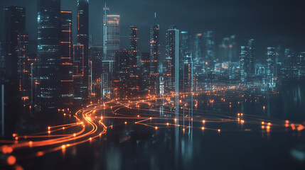 Fototapeta premium Smart digital Innovation city with connection network reciprocity over the cityscape. of future smart wireless digital city and social media networking systems that connects people with in city