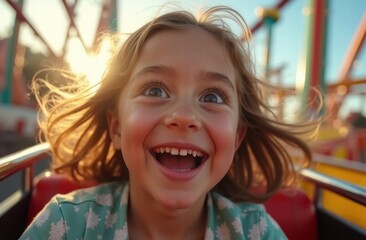 A portrait of a girl, around 8 to 10 years old, captured in a moment of pure joy and excitement as she experiences the thrill of a roller coaster ride.	