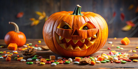 A festive display features a grinning carved pumpkin with sharp teeth, surrounded by an assortment of bright candies. The scene captures the spirit of Halloween in a fun and playful way