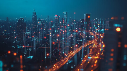 Obraz premium Smart digital Innovation city with connection network reciprocity over the cityscape. of future smart wireless digital city and social media networking systems that connects people with in city