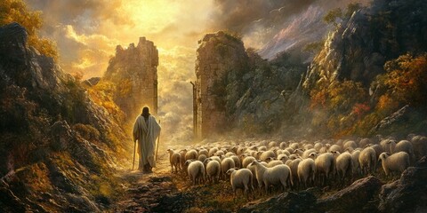 Shepherd Jesus Christ Leading Sheep to Heaven Gate