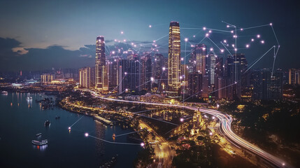 Obraz premium Smart digital Innovation city with connection network reciprocity over the cityscape. of future smart wireless digital city and social media networking systems that connects people with in city