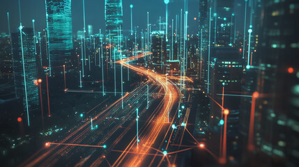 Fototapeta premium Smart digital Innovation city with connection network reciprocity over the cityscape. of future smart wireless digital city and social media networking systems that connects people with in city