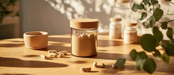 Supplements in glass jar with wooden lid and capsules on wooden table.