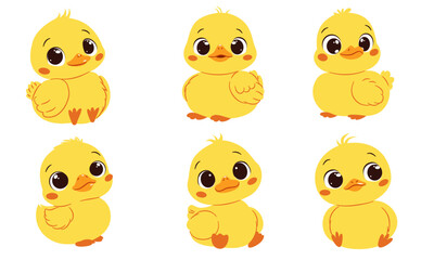 A set of flat vector illustrations in cute childish style. Cute ducklings in different poses with big cute eyes. Vector illustration