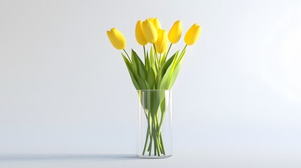 A bouquet of six vibrant yellow tulips arranged in a clear glass cylinder vase against a minimalist white background. Simple elegance.