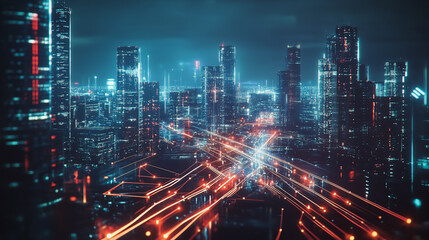 Naklejka premium Smart digital Innovation city with connection network reciprocity over the cityscape. of future smart wireless digital city and social media networking systems that connects people with in city