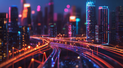 Fototapeta premium Smart digital Innovation city with connection network reciprocity over the cityscape. of future smart wireless digital city and social media networking systems that connects people with in city