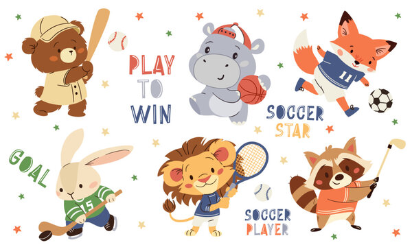 A set of flat vector illustrations in a simple children's style. Cute animals playing sports, fox in soccer, raccoon in golf, hippo in basketball, hare in hockey, stars, lettering. Vector illustration