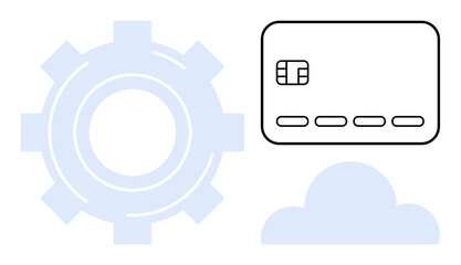Credit card above a cloud and adjacent gear symbol represent digital transactions, technology, cloud computing, and system automation. Ideal for fintech, cybersecurity, data storage, online payments