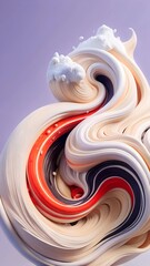 A dynamic abstract composition featuring swirling patterns of red, white, and black paint.