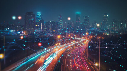 Obraz premium Smart digital Innovation city with connection network reciprocity over the cityscape. of future smart wireless digital city and social media networking systems that connects people with in city