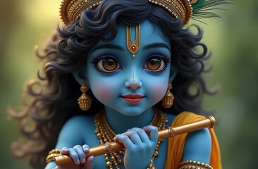 Portrait of Lord Krishna, depicted in his traditional divine form, holding a flute.