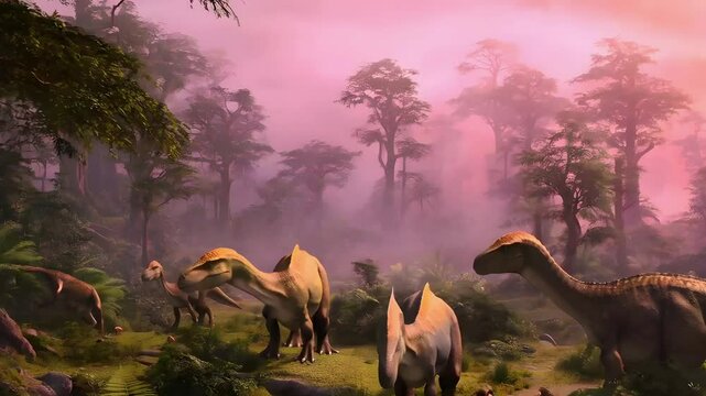 A tranquil ancient forest at dawn, where a family of Parasaurolophus grazes among glowing ferns. Their crests glow in soft pink sunlight as mist drifts above the ground and small mammals scurry nearby