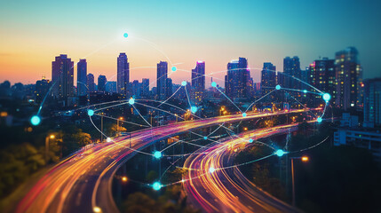 Fototapeta premium Smart digital Innovation city with connection network reciprocity over the cityscape. of future smart wireless digital city and social media networking systems that connects people with in city