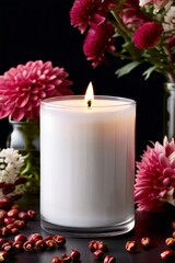 Tranquil candle scene featuring beautiful petals and glowing flame. Evokes warmth and comfort, ideal for wellness promotions and lifestyle imagery.