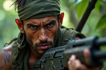 Fototapeta premium Intense portrait of a male guerrilla fighter in action, set in a dense jungle environment.