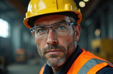A waist-length portrait of a male engineer working in a heavy industrial environment, equipped with safety glasses and a helmet