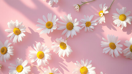 creative lifestyle spring concept with white daisy chamomile flowers on pale pink background, top view flat lay with copy space for minimal design

