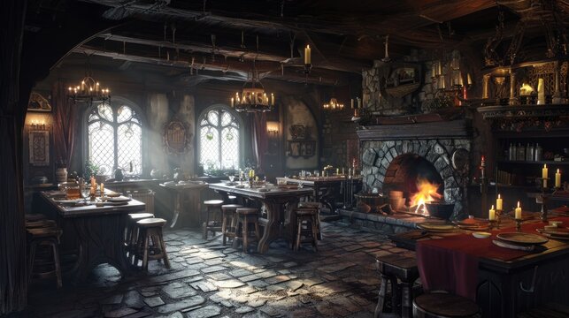 Medieval Tavern Ambiance: A Cozy Interior with Food, Drink, and Burning Fireplace