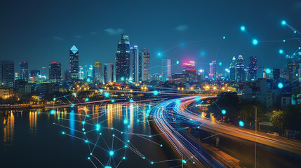 Obraz premium Smart digital Innovation city with connection network reciprocity over the cityscape. of future smart wireless digital city and social media networking systems that connects people with in city