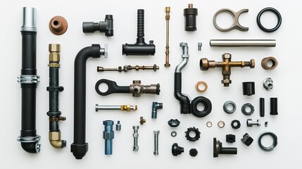 Industrial Plumbing Components Displayed in Minimalist Style on White Background