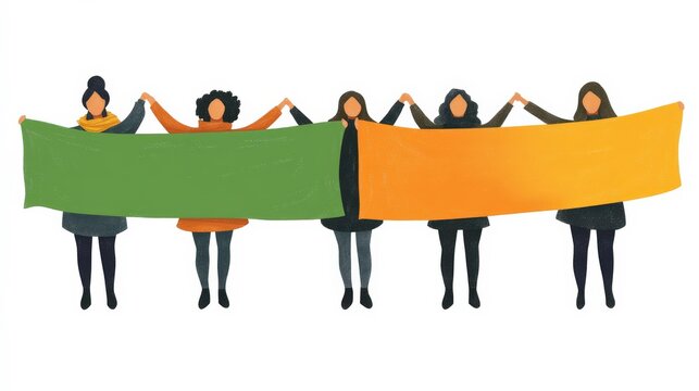 Diverse Group of Women Holding Colorful Banners to Promote Unity, Strength, and Empowerment in Social Movement, Representation, and Activism - Abstract Illustration