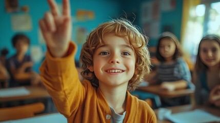 Fototapeta premium A confident child raising their hand in a vibrant classroom, blurred classmates sitting at desks behind 