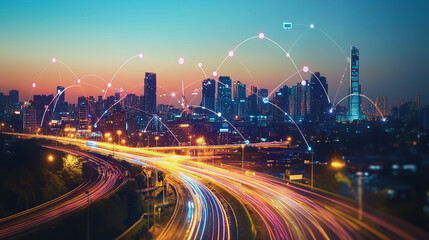 Fototapeta premium Smart digital Innovation city with connection network reciprocity over the cityscape. of future smart wireless digital city and social media networking systems that connects people with in city