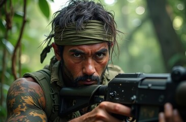Fototapeta premium Intense portrait of a male guerrilla fighter in action, set in a dense jungle environment.