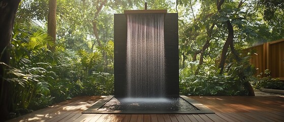 Fototapeta premium Tranquil outdoor shower with waterfall feature in lush garden setting.