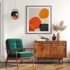 Obraz premium Mid-Century Living Room Interior with Turquoise Chair and Art Poster