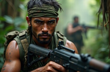 Fototapeta premium Intense portrait of a male guerrilla fighter in action, set in a dense jungle environment.