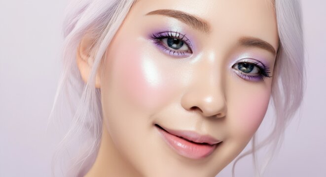 Young asian female with radiant skin and pastel purple makeup in soft light
