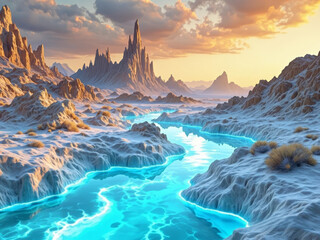 Turquoise water surrounded by white rock formations under golden light represents natural beauty